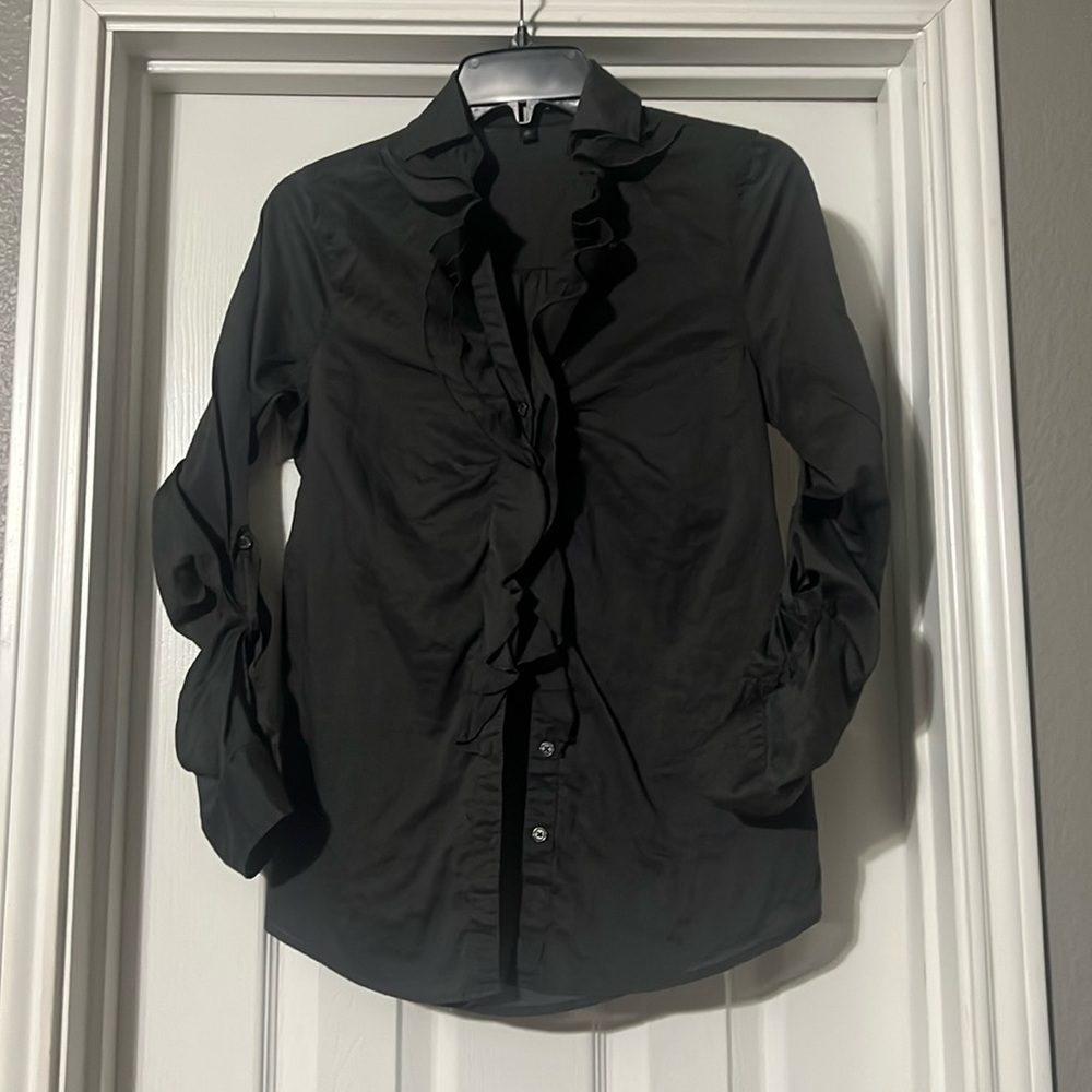 Sz XS Express lightweight dark gray ruffle button down shirt